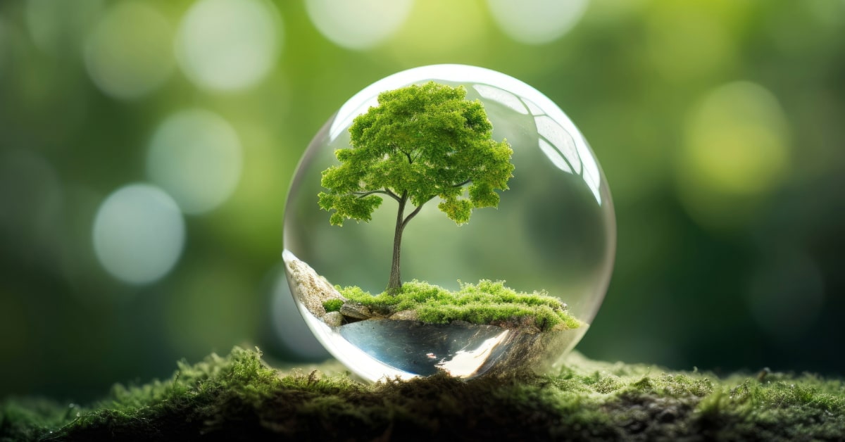 Tree, growing inside a globe, surrounded by nature